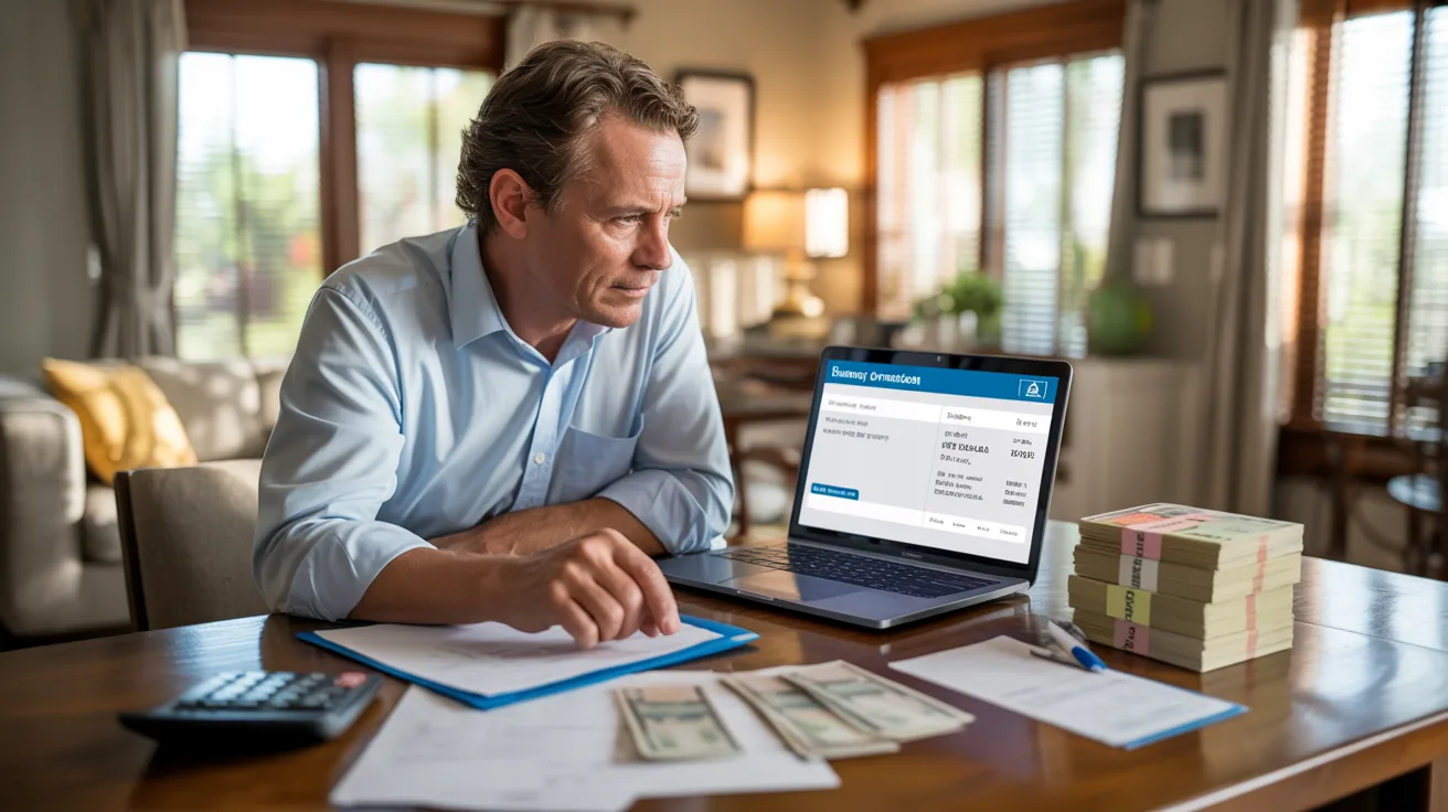 Man sitting at a desk, using a laptop to pay bills online.
