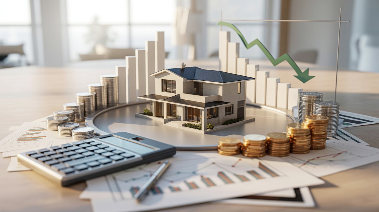 Real estate investment concept featuring a house model and coins arranged on a table.