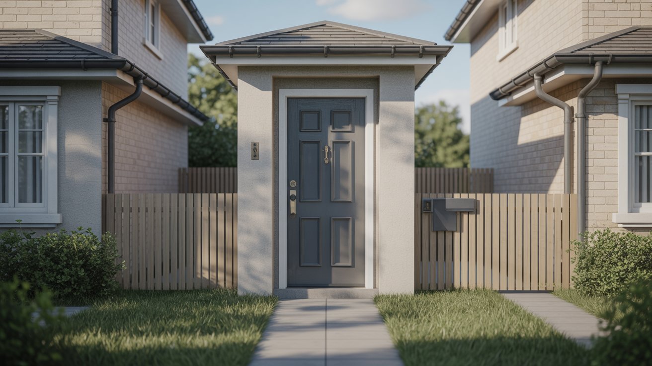 A digital rendering of a house featuring a prominent front door.