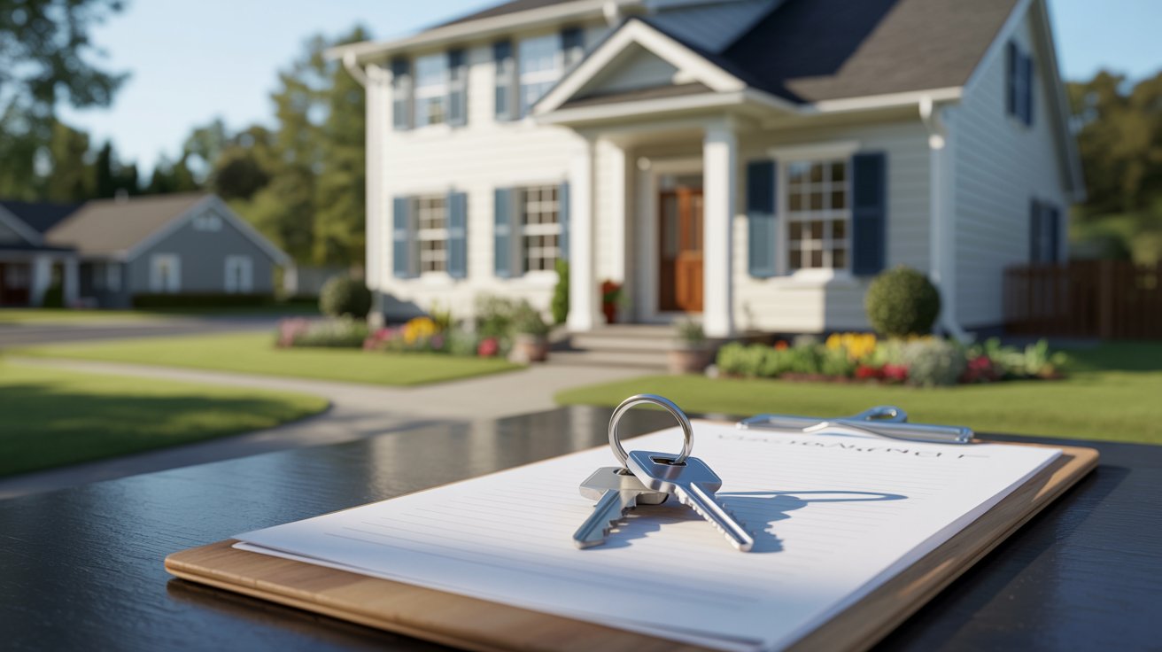 A yellow envelope rests on the sidewalk in front of a house, contrasting with the surrounding pavement.