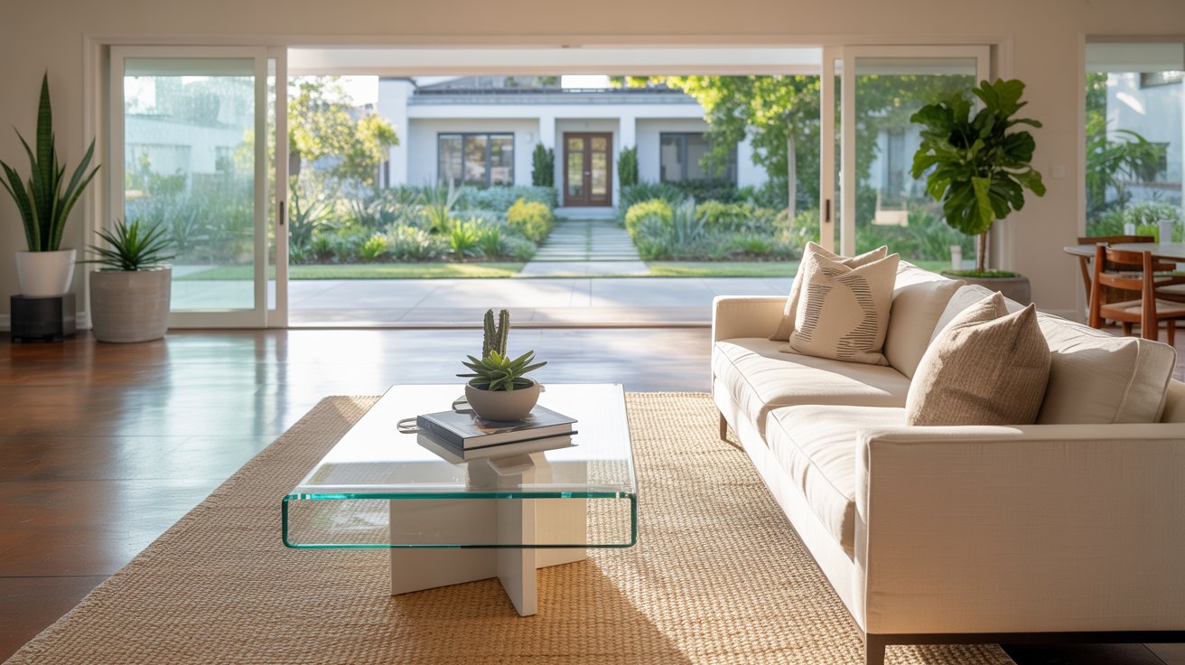 A cozy living room featuring a glass coffee table surrounded by comfortable couches.