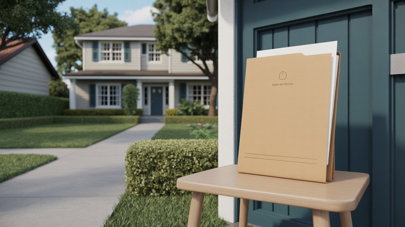 A cardboard box rests on a chair in front of a house, suggesting a moment of unpacking or delivery.