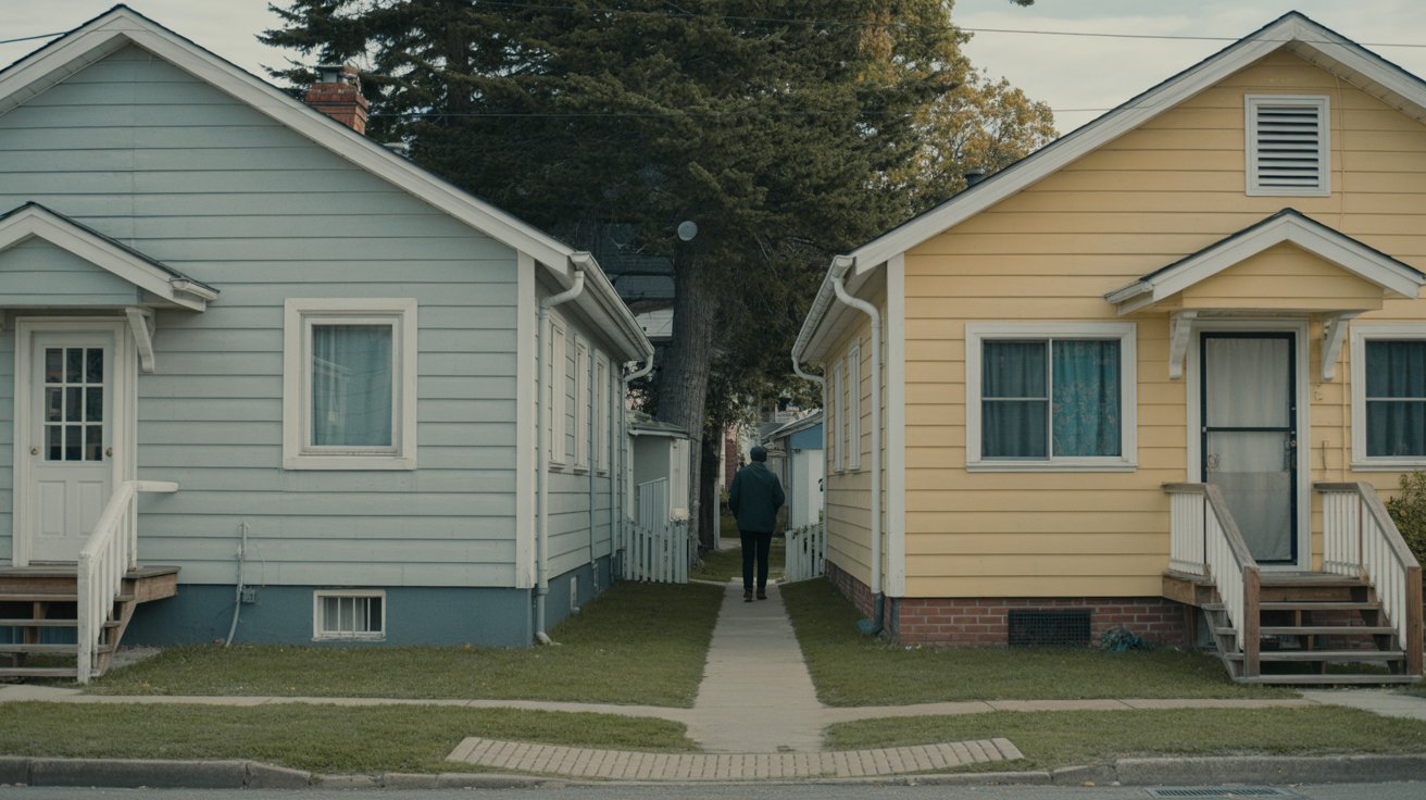 A man walks along a street, flanked by two houses on either side.
