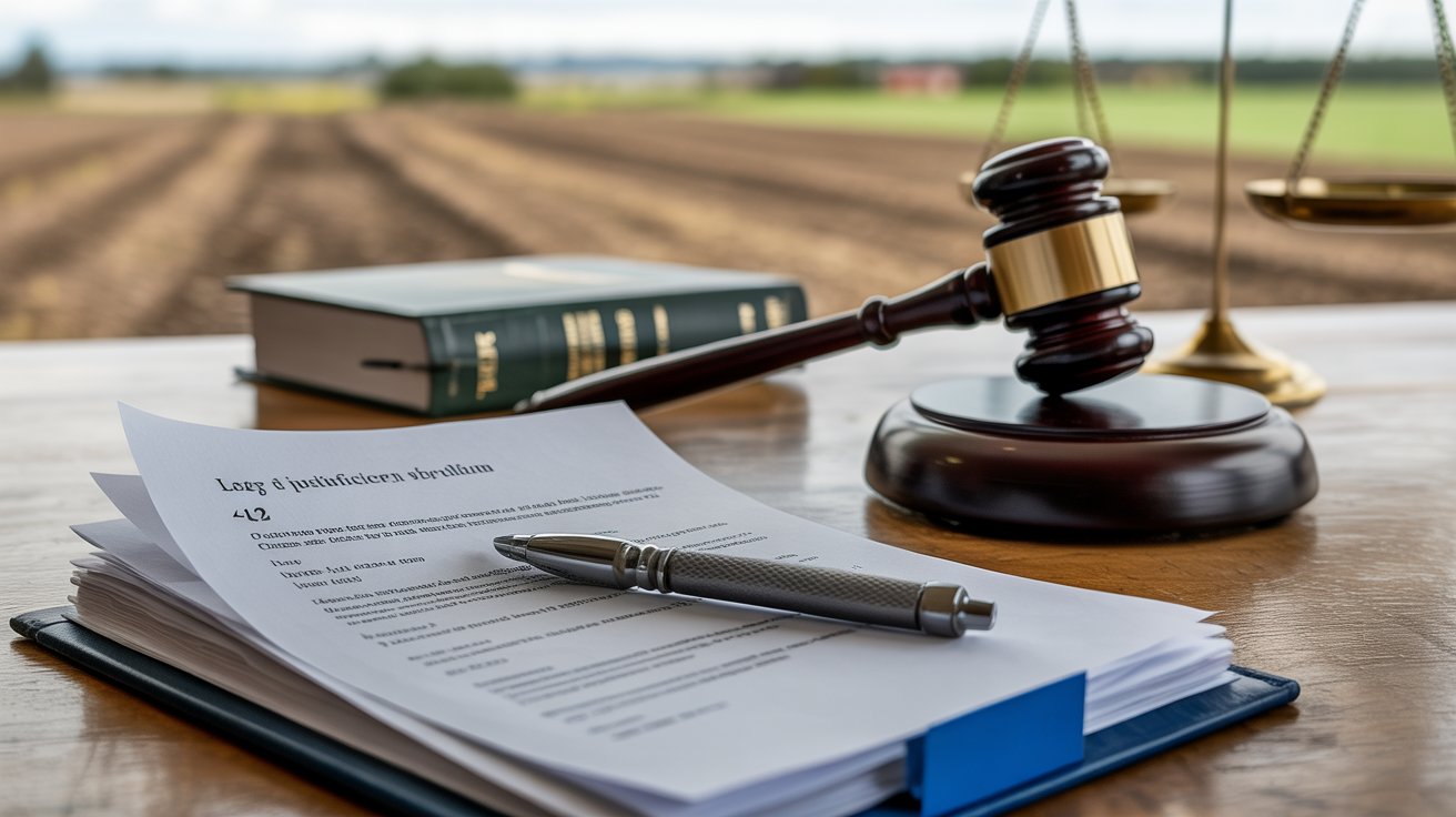 A judge's gavel and a pen rest on a desk, with a serene field visible in the background.