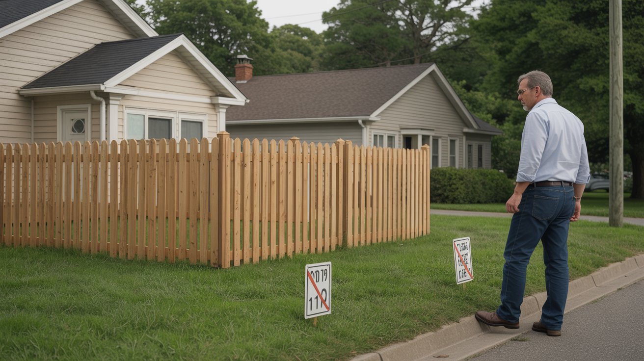 A man stands in front of a fence displaying various signs, looking contemplative and engaged with the surroundings.
