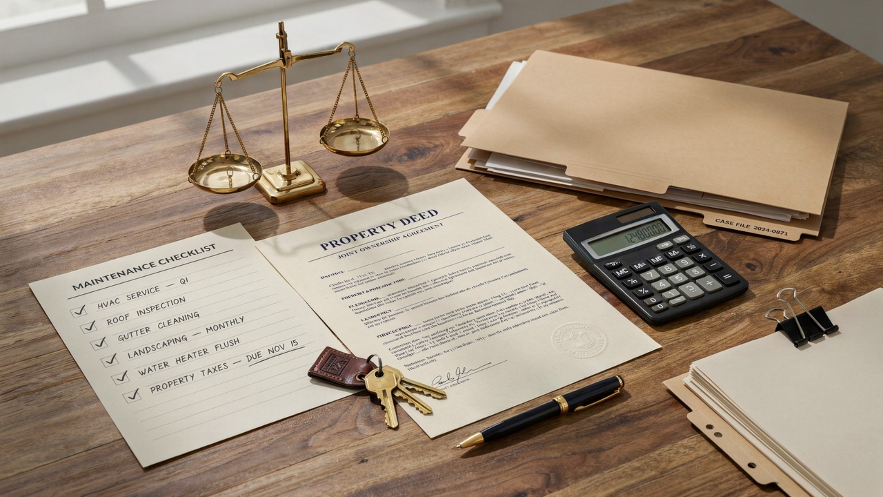 Shared ownership documents with maintenance checklist, house keys, legal folder, and justice scale.