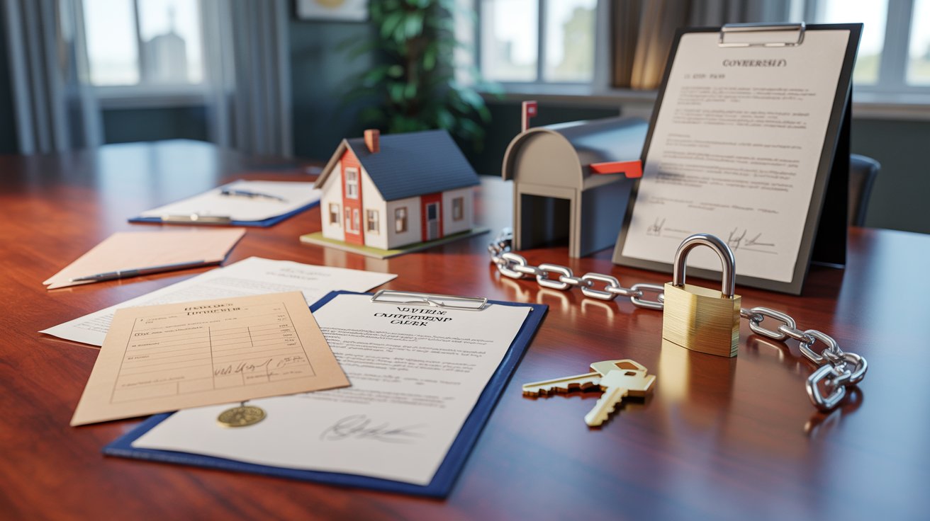 A desk displaying a small house model, a set of keys, and a lock, symbolizing home security and ownership.