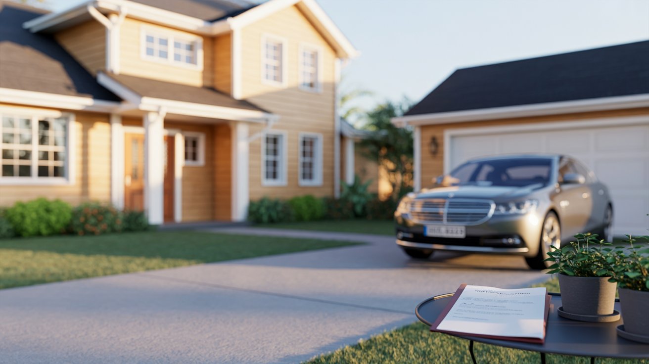 A parked car in front of a house with a sign displayed on the front door.