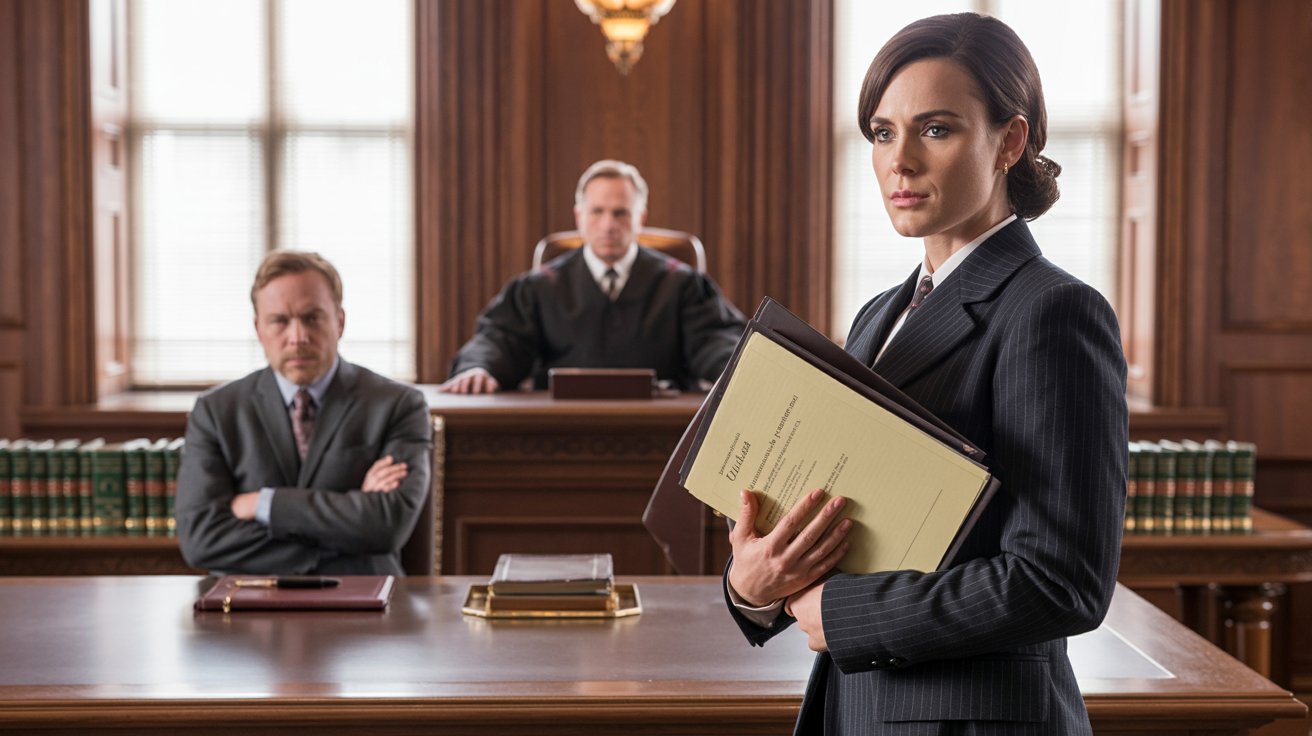 A confident woman in a suit holds files in a courtroom. A judge sits at a bench, with a lawyer behind her, conveying a serious legal atmosphere.