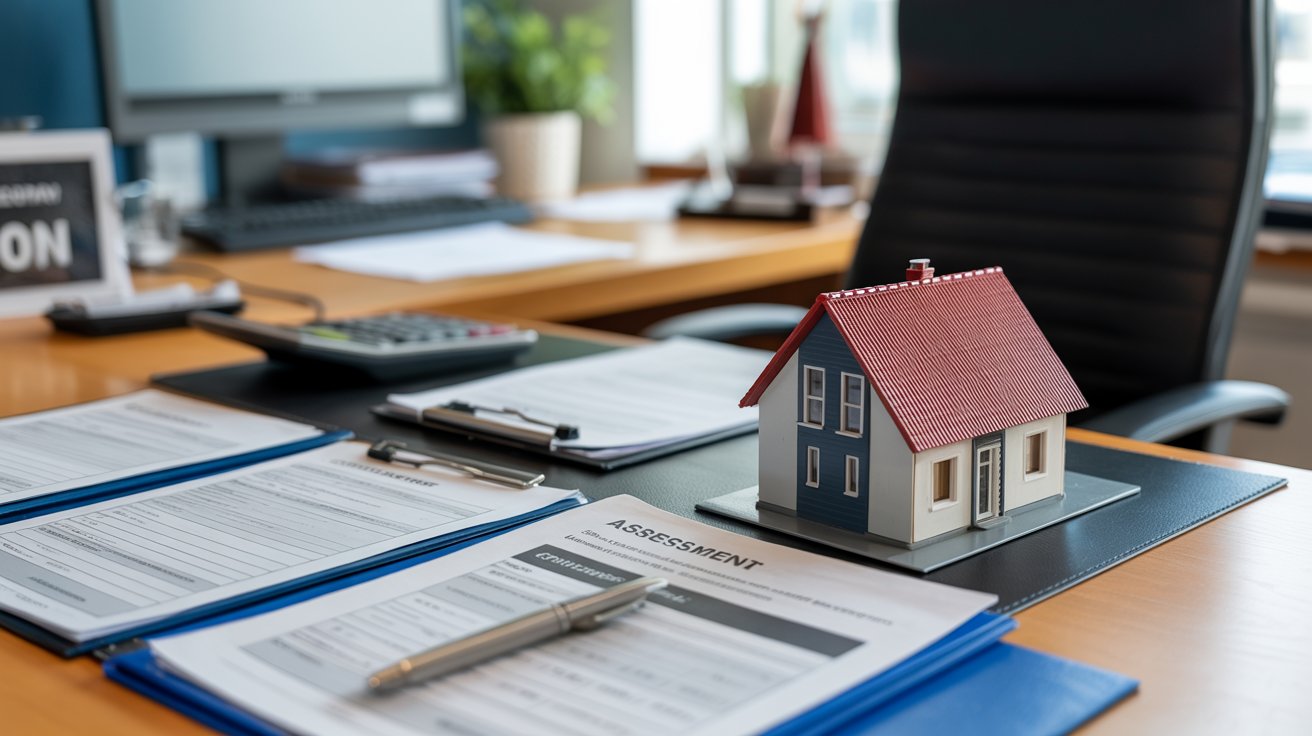A house model sits on a desk alongside a notepad and pen, suggesting planning or design work in progress.