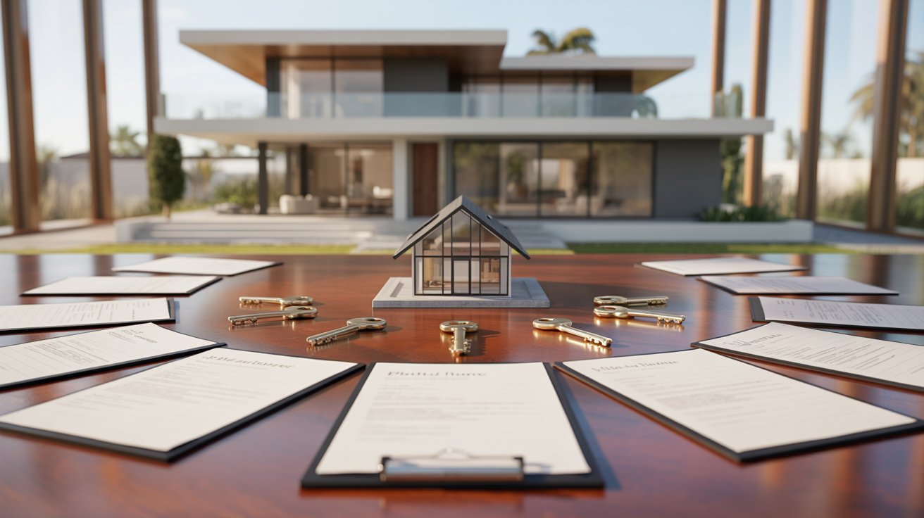 A table covered with papers, with a house visible in the background.