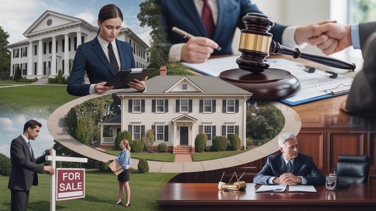 A collage depicting real estate and legal themes: a large house, a "For Sale" sign, people in business attire, legal documents, a gavel, and a handshake, conveying professionalism.