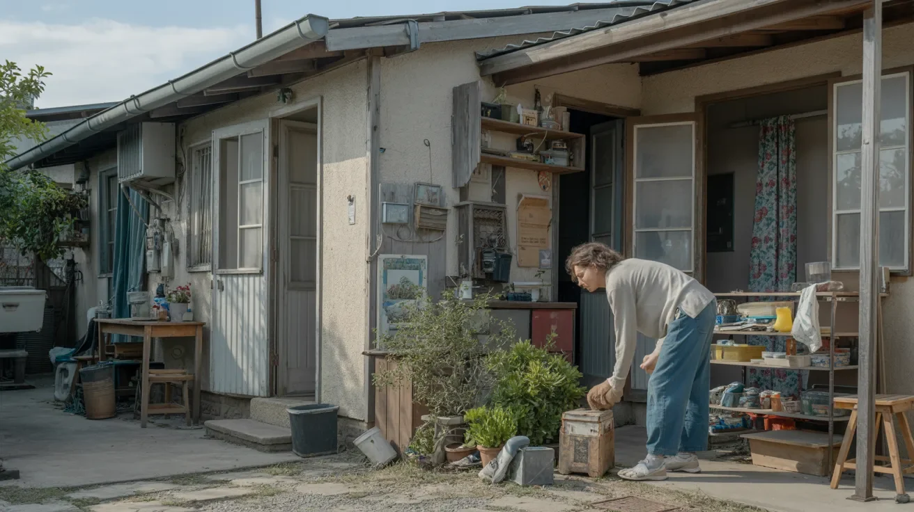 A woman stands in front of a small house, smiling and dressed casually, with greenery surrounding the home.