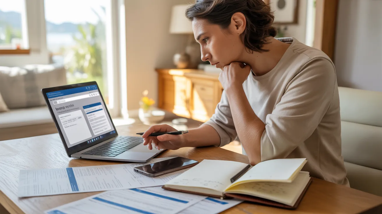 Woman focused on a laptop, completing her tax return with documents and a calculator nearby.
