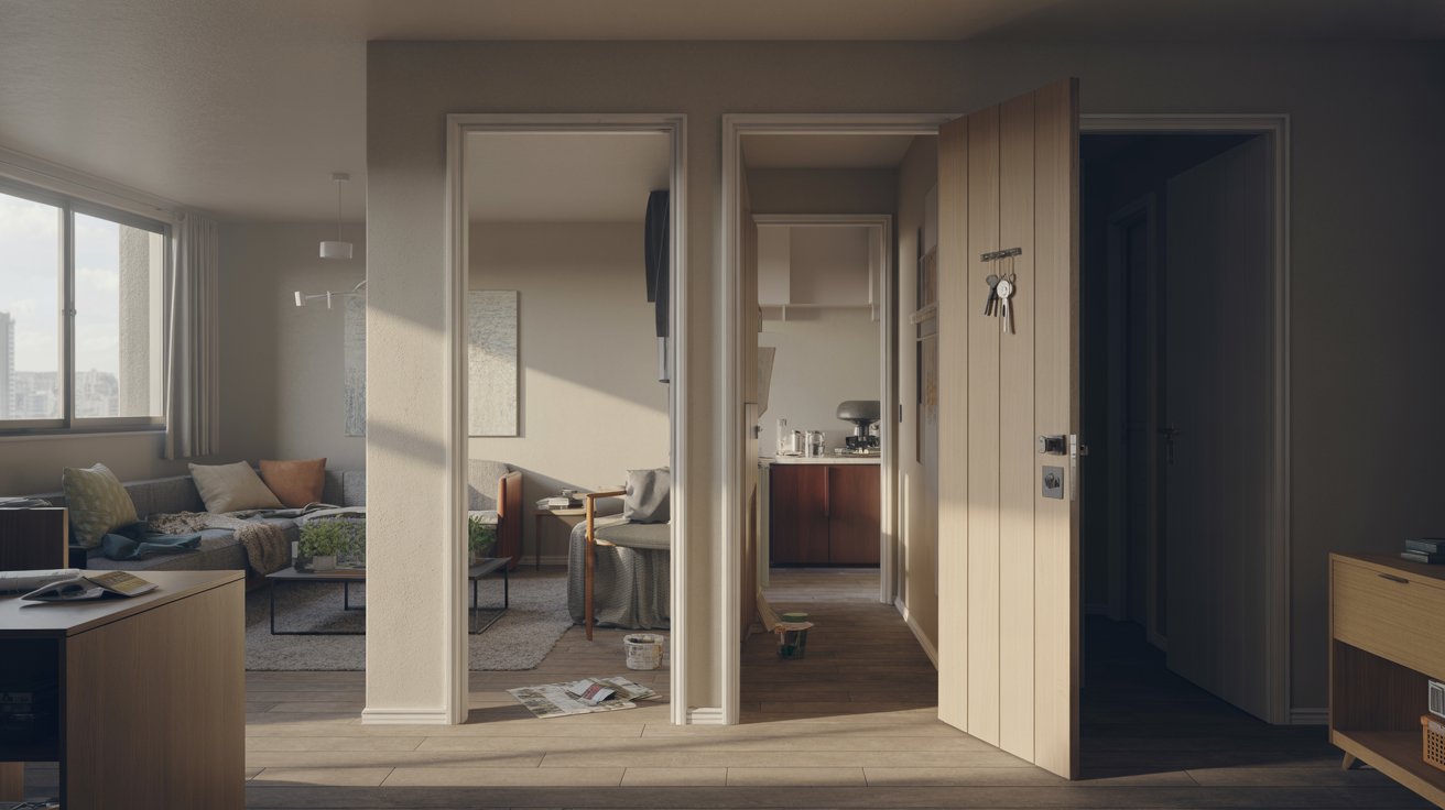 A room featuring a door on one side and a window allowing natural light on the opposite wall.