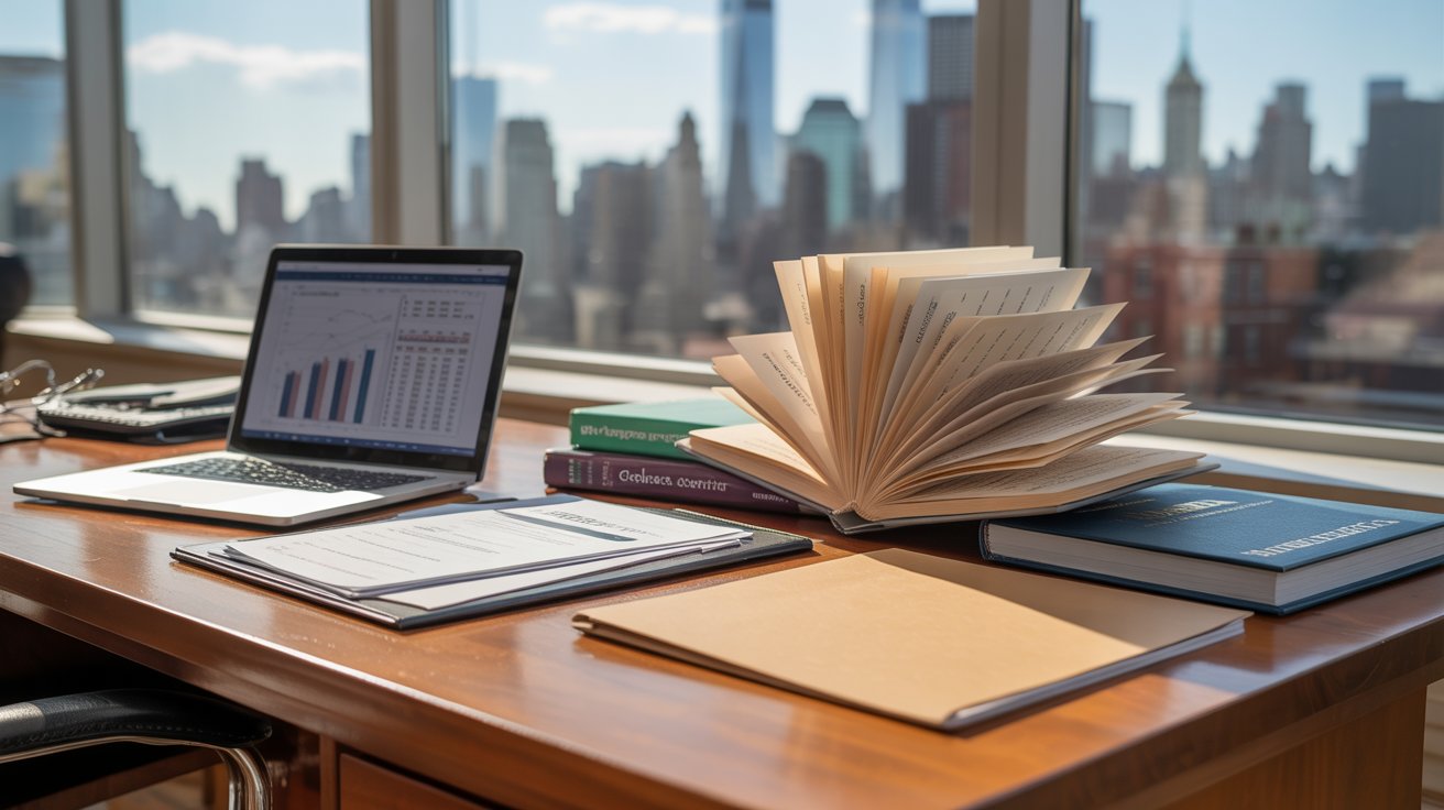 A laptop, books, and a calendar on a desk with a city view through a window in the background.