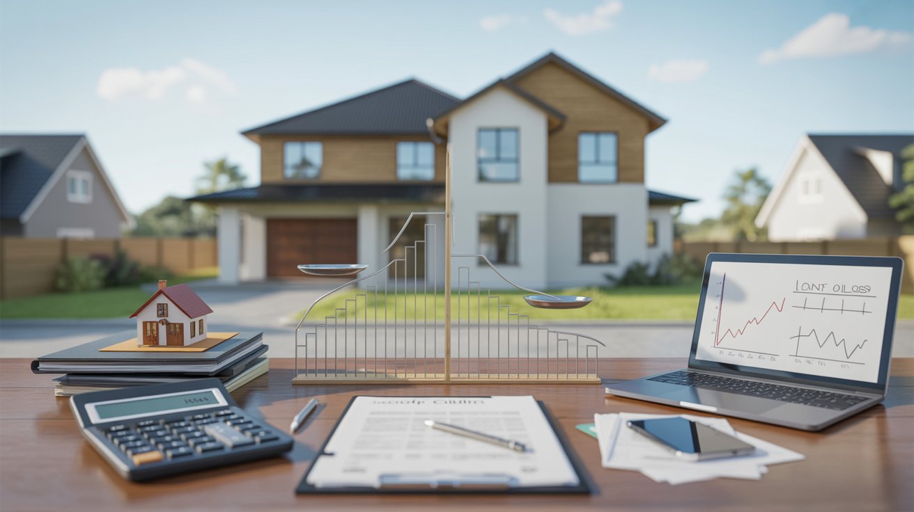 A laptop and calculator sit on a table next to a house model, emphasizing a workspace for financial planning.