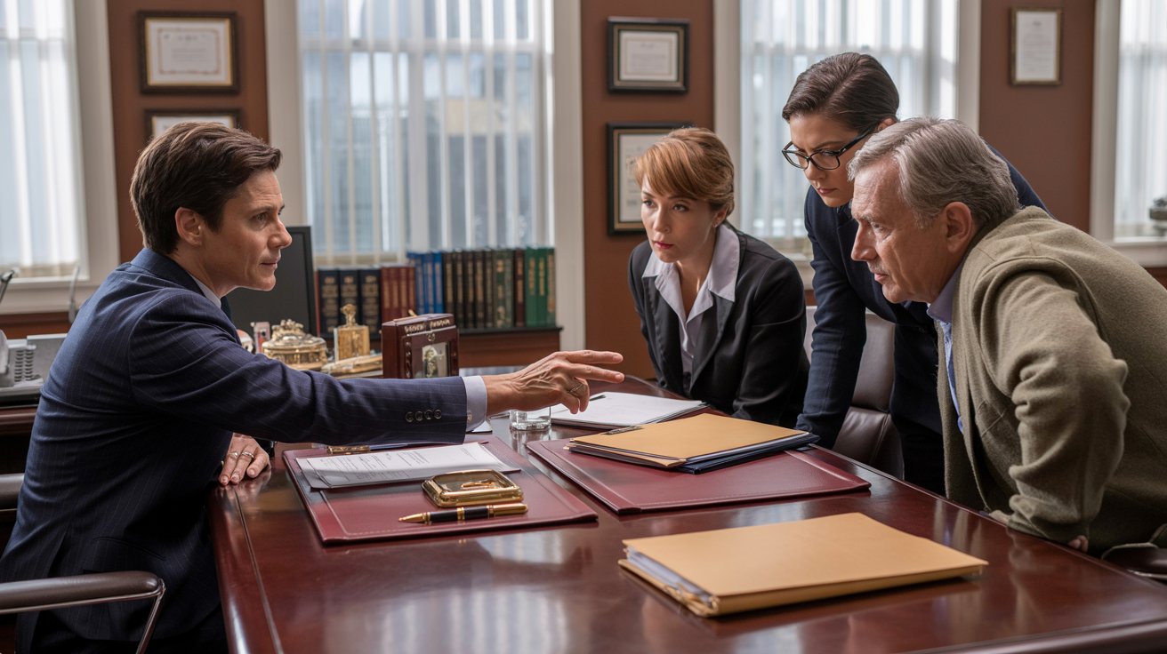 A business meeting in an office with four serious professionals around a table. One person gestures with a hand, while others focus attentively.