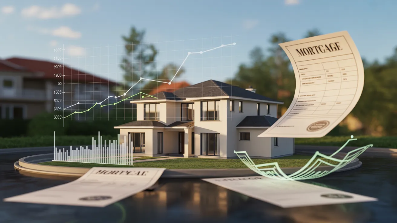 3D rendering of a house surrounded by financial documents and graphs, symbolizing real estate investment and finance.