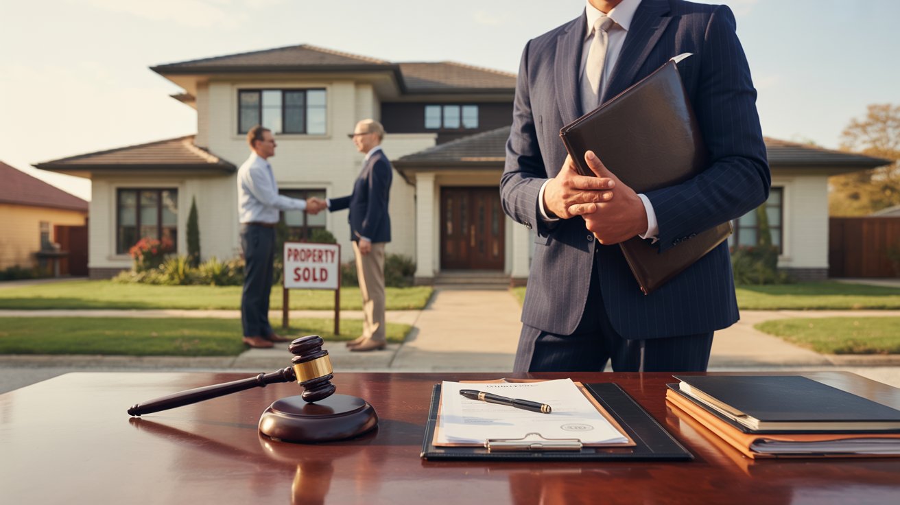 Elegant house with "Property Sold" sign, two men shaking hands in front of it. Foreground has a table with a gavel, clipboard, and documents.