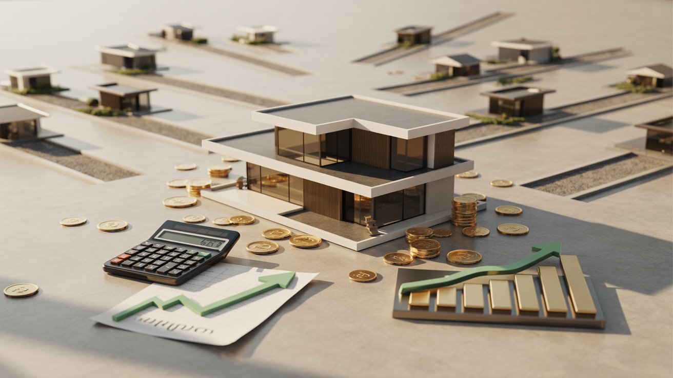 3D rendering of a house alongside a calculator and coins, symbolizing financial planning for home ownership.