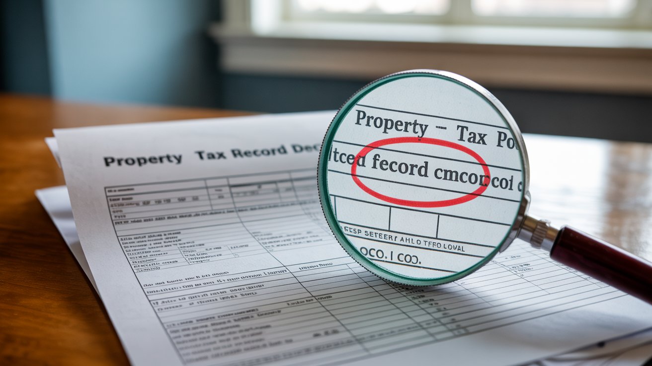 Image of a person reviewing a property tax record on a computer screen, highlighting important financial details.
