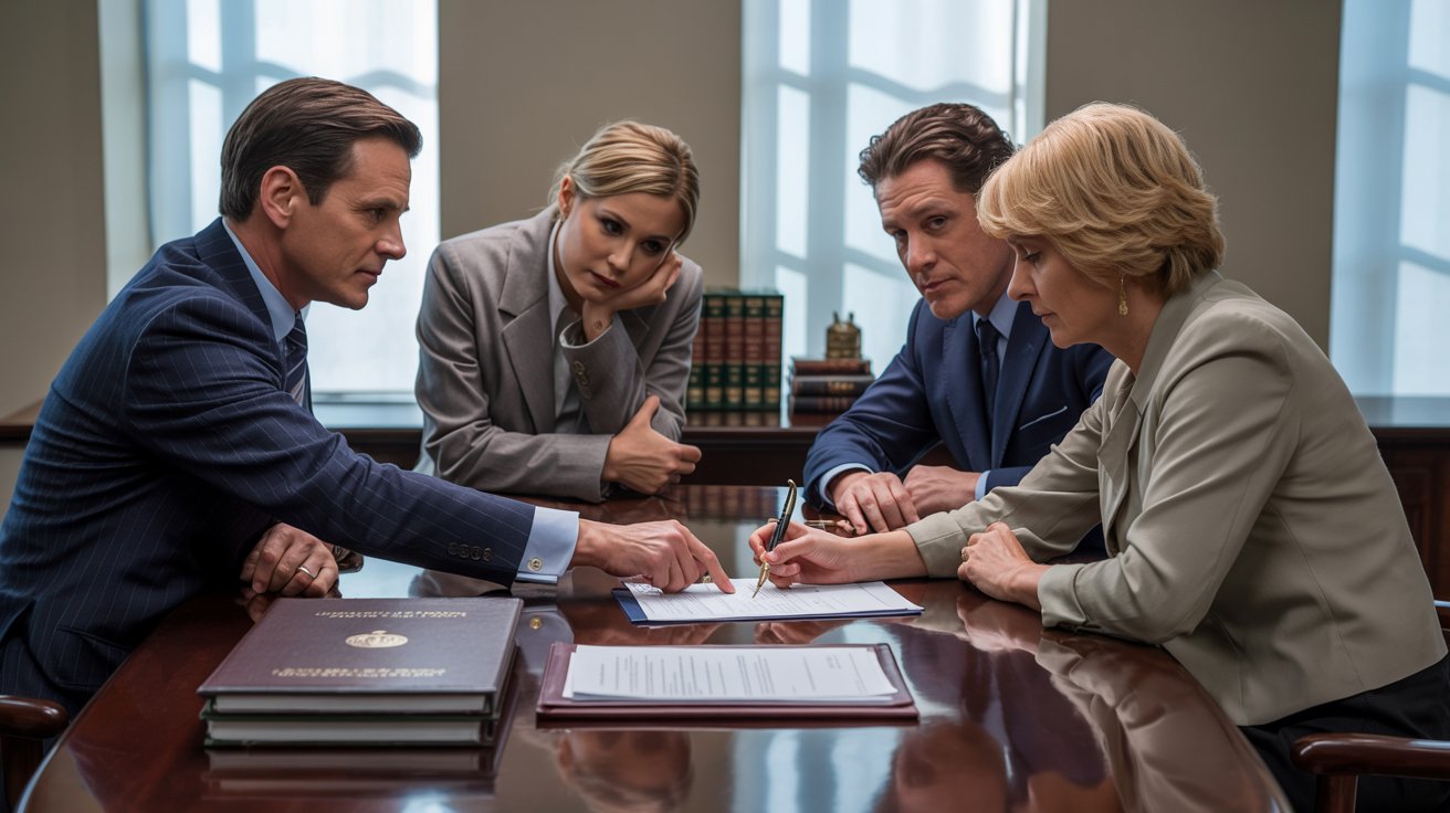 A group of four professionals in business attire sit around a table, focused on a document. Two men and two women appear engaged and serious.