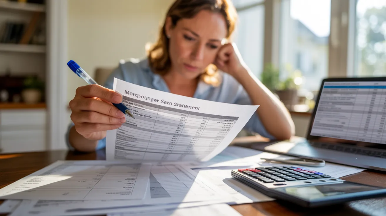 Woman reviewing financial documents on a desk, focused on her work with papers and a calculator nearby.