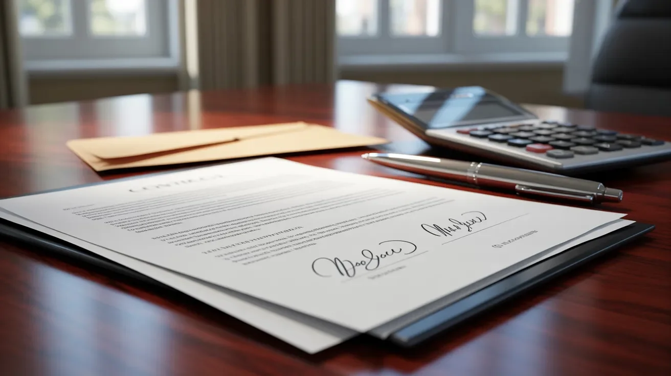 A signed contract rests on a desk alongside a pen and a calculator, indicating a completed agreement.