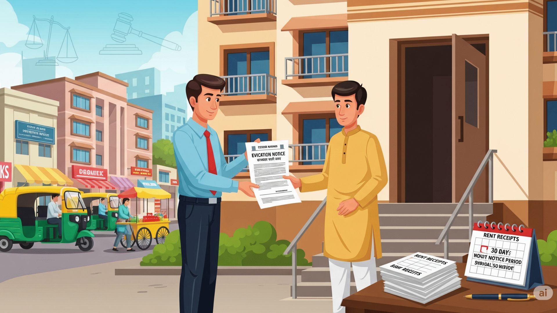 Two men stand in front of a building, holding papers and discussing something important.