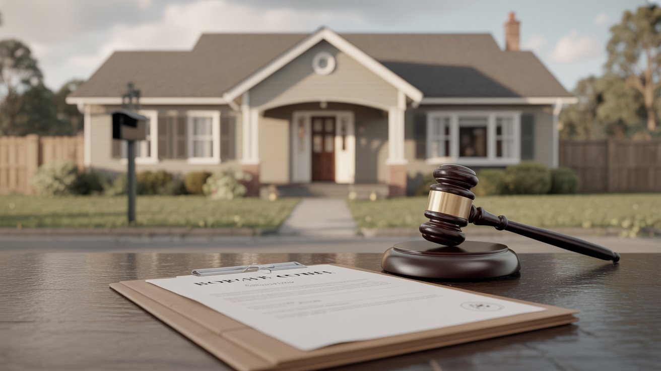A gavel and legal document rest on a table in front of a suburban house, symbolizing a home legal issue. The scene conveys a serious, focused tone.
