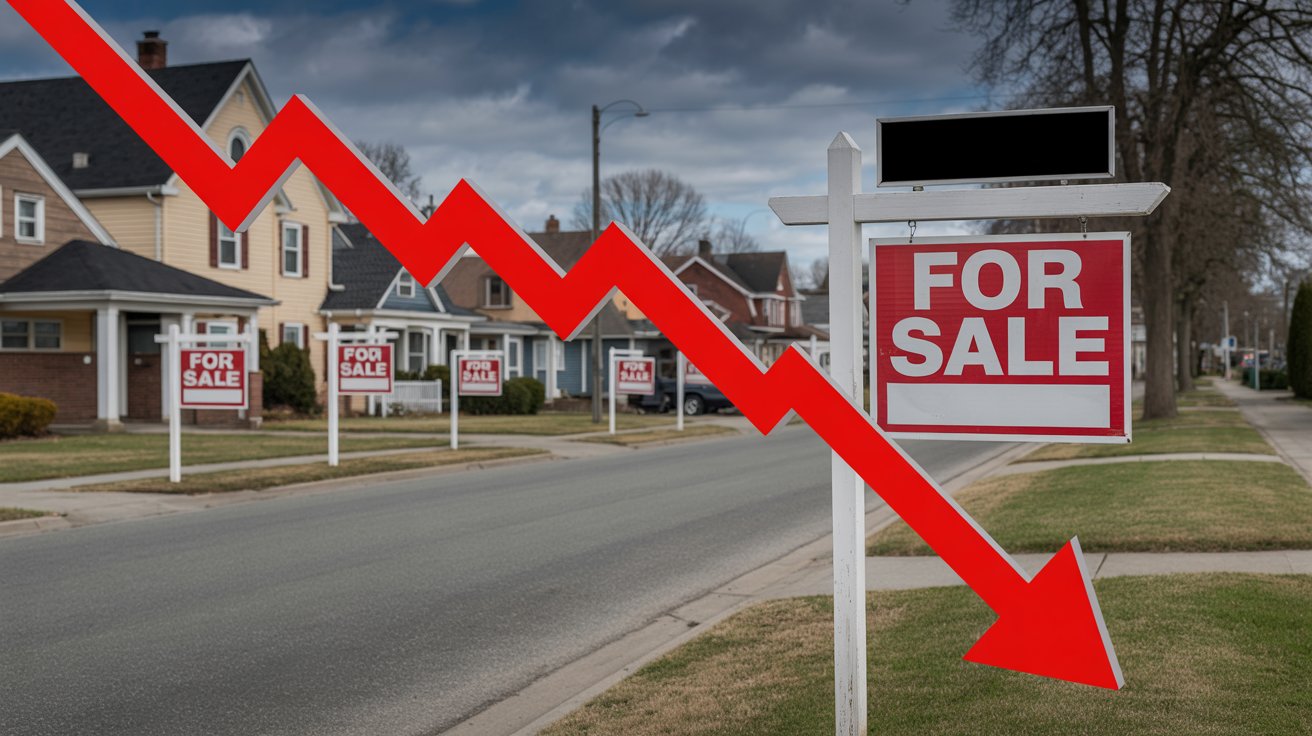 A red downward arrow on a street sign surrounded by multiple for sale signs, indicating a property listing.