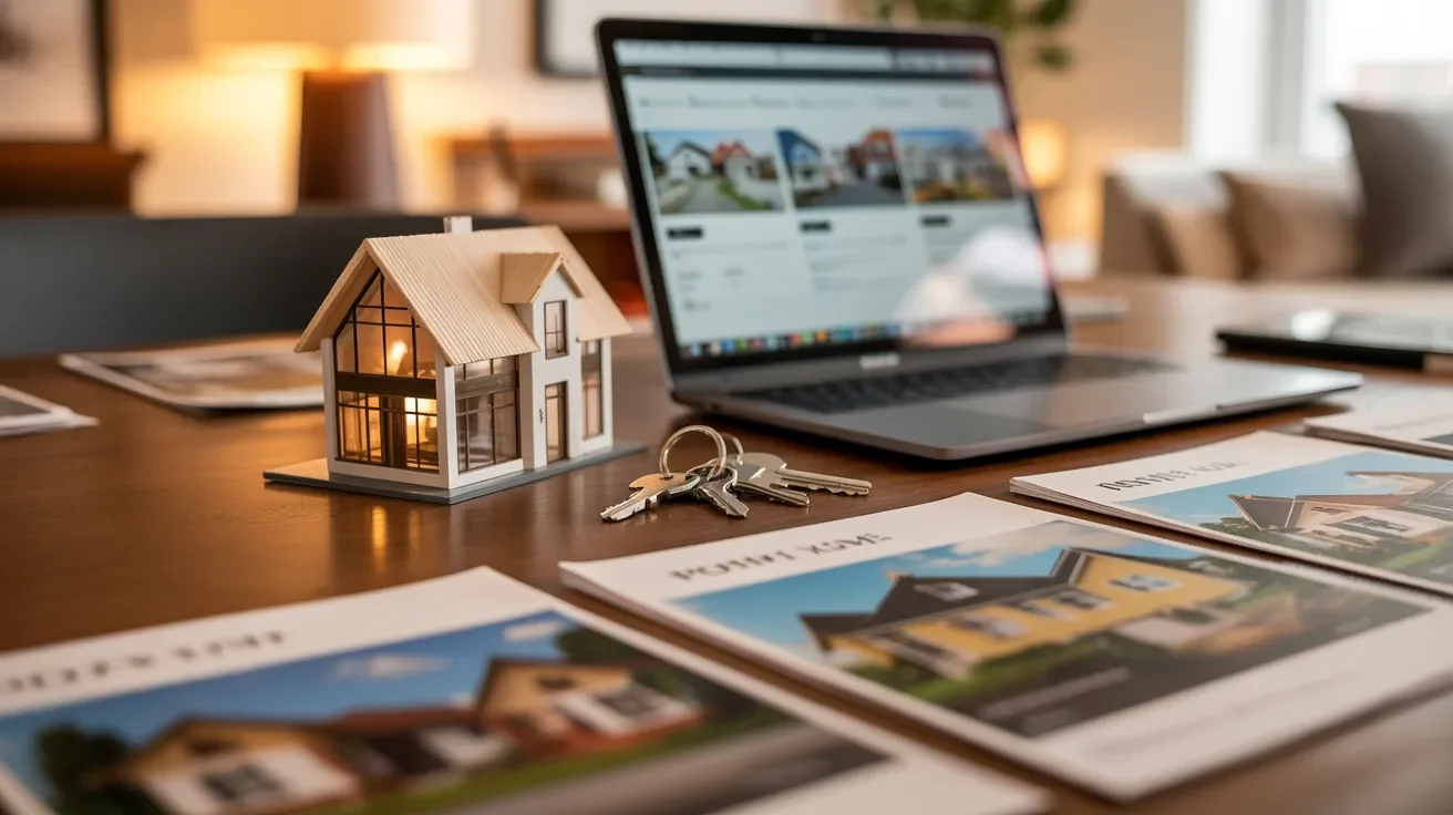 A real estate agent's desk featuring a laptop and a small house model, symbolizing property sales and client consultations.