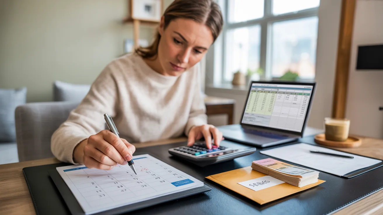 Woman sitting at a desk, focused on her taxes, surrounded by paperwork and a calculator in a cozy home setting.