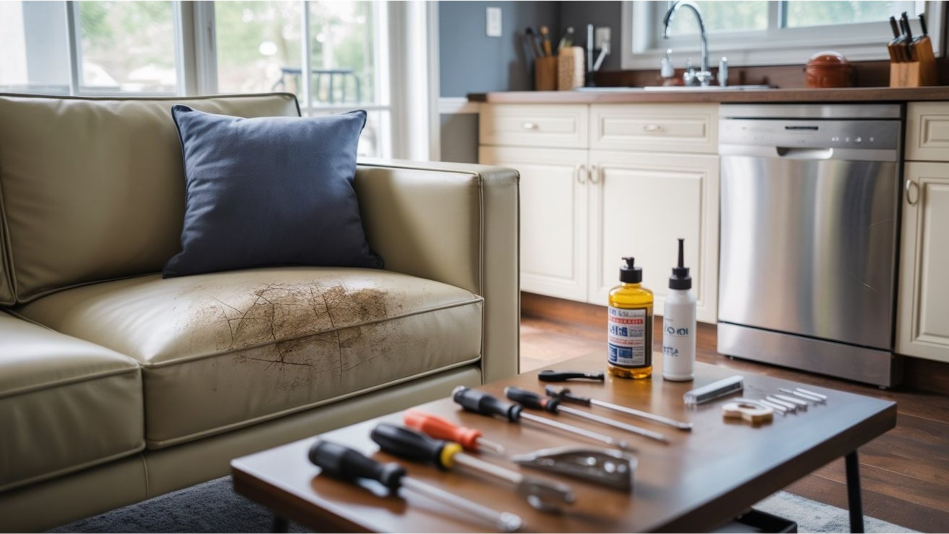 A couch with a bottle of cleaning products placed on the floor nearby.