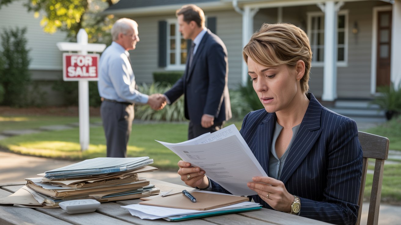 A woman in a suit reads documents at an outdoor table, looking focused. Two men shake hands in the background near a "For Sale" sign in front of a house.