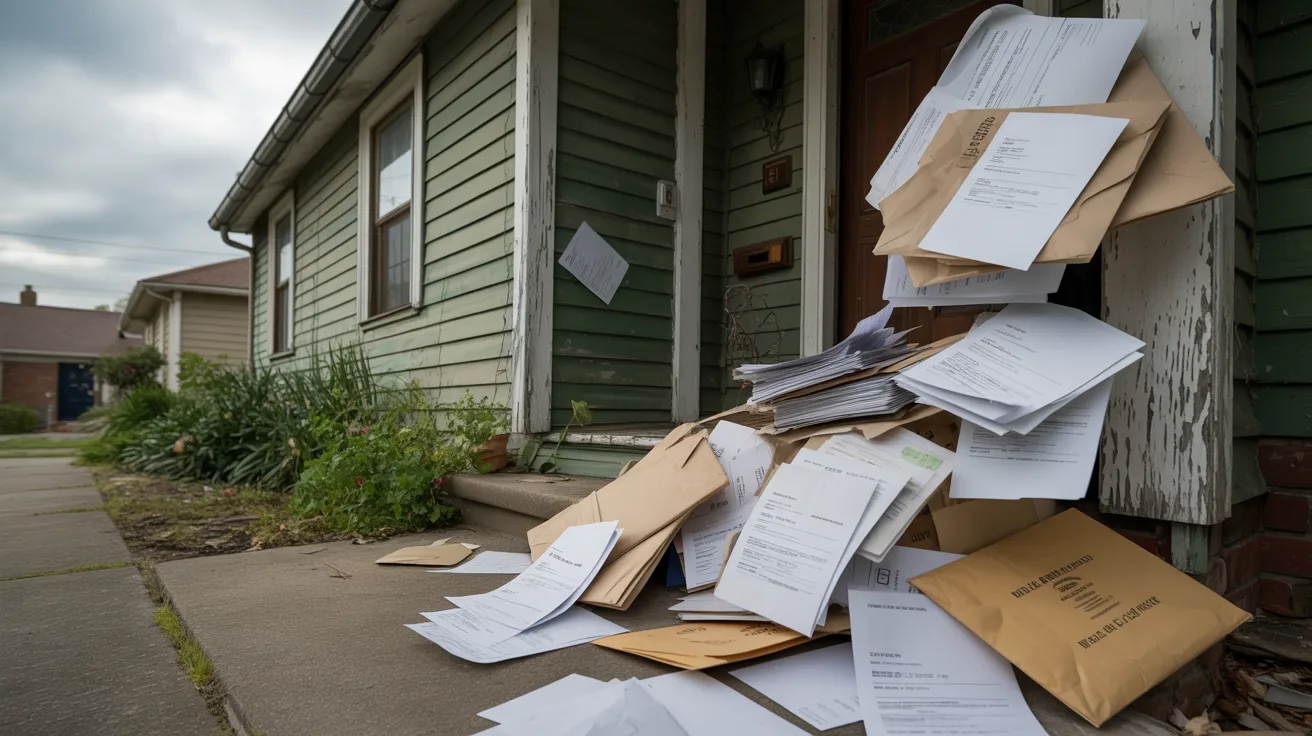 A large pile of mail stacked outside a house, indicating it has not been collected for some time.