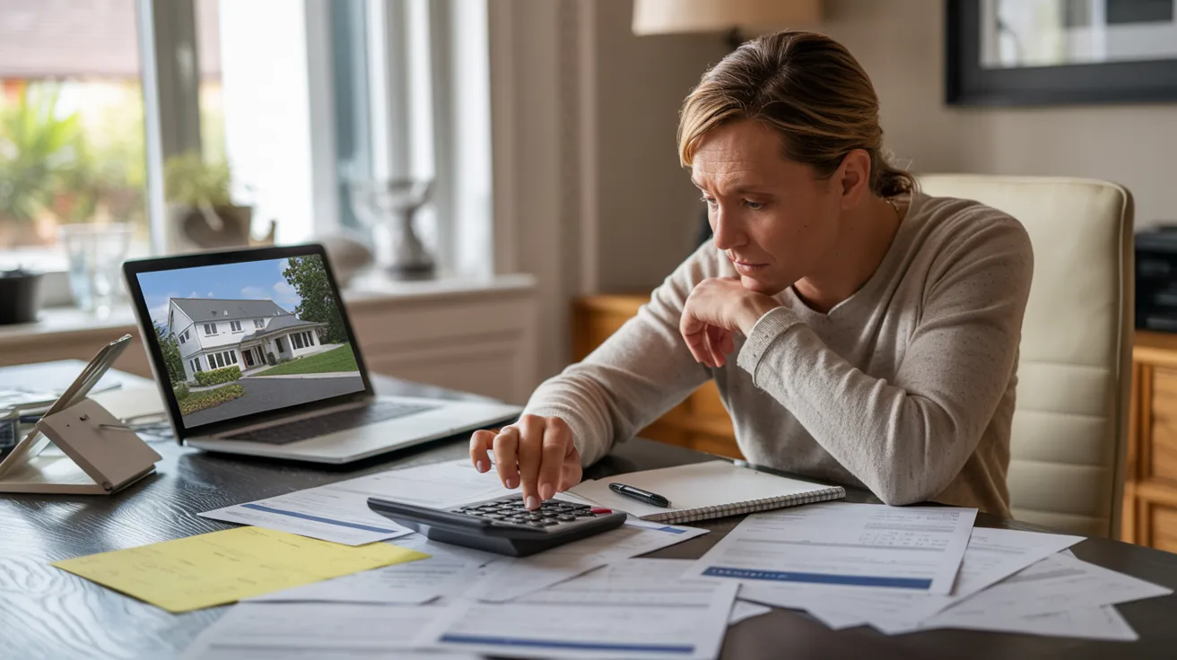 Woman calculating home loan options on a calculator, focused on financial planning at her desk.