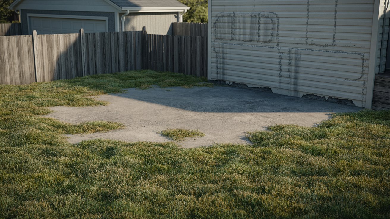 A backyard featuring a wooden shed and a tall fence surrounding the area.