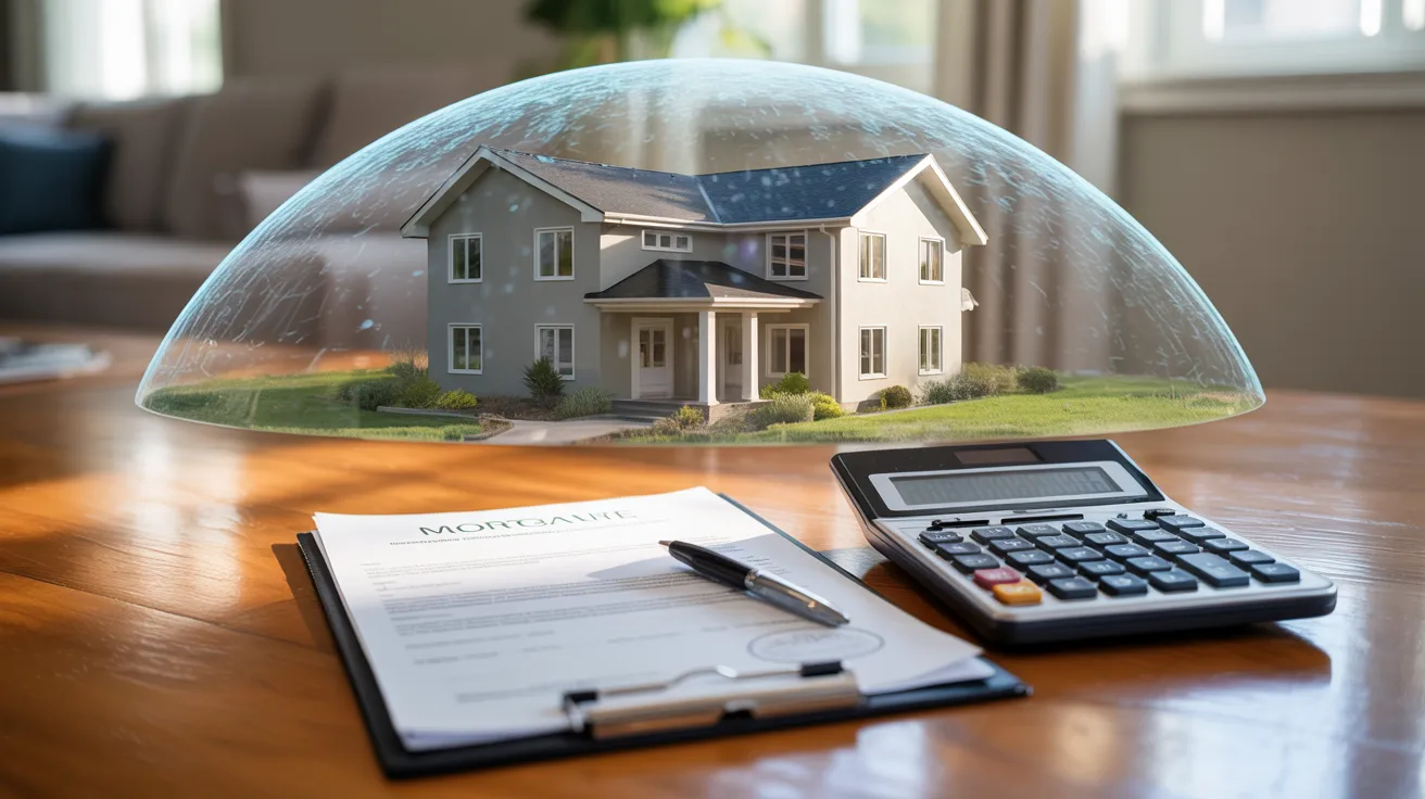 House under a glass dome with a calculator and paper on a table, symbolizing a blend of home and finance.