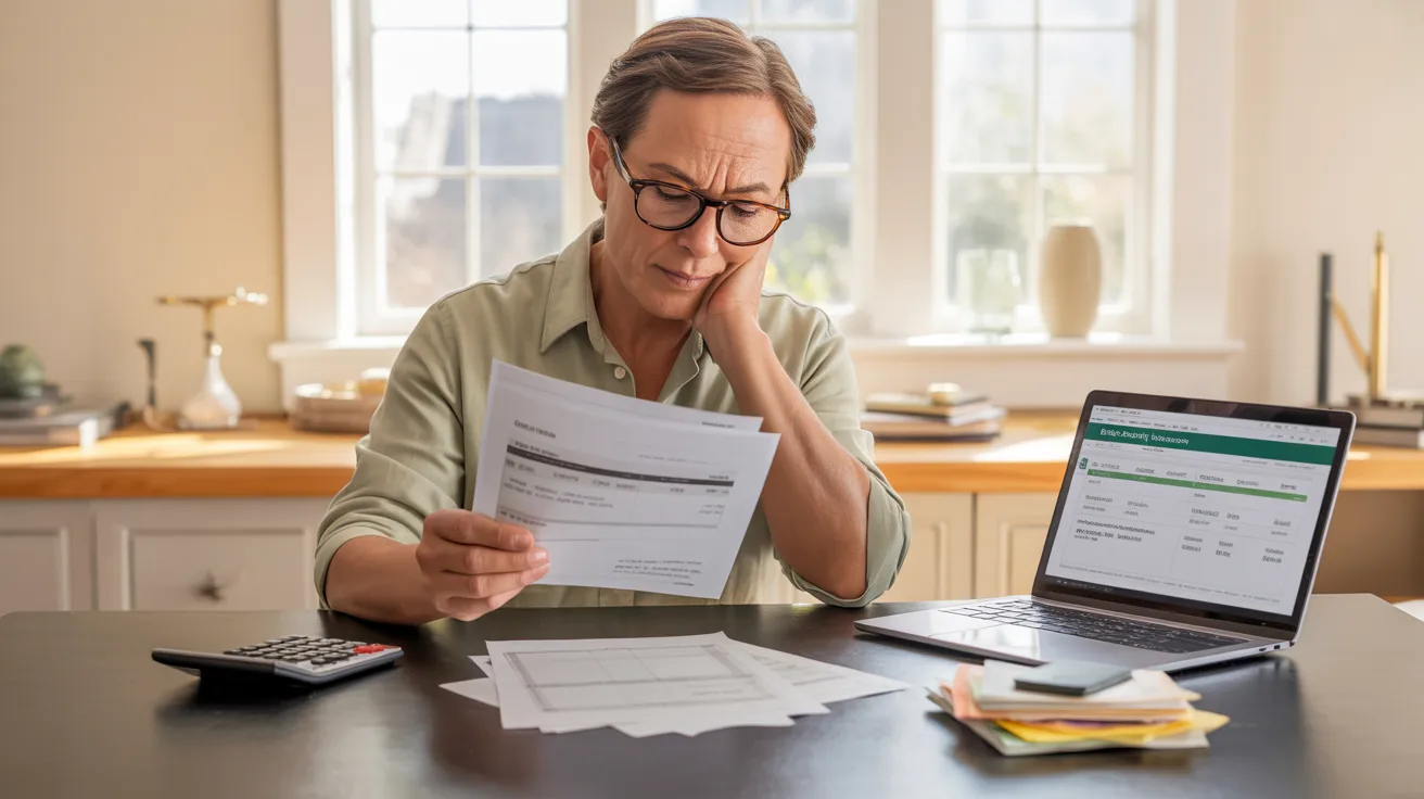 A woman sits at a desk, focused on her paperwork while reviewing documents.
