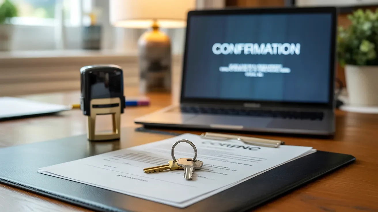 Confirmation letter on a desk beside a laptop and a set of keys, indicating a workspace setup.