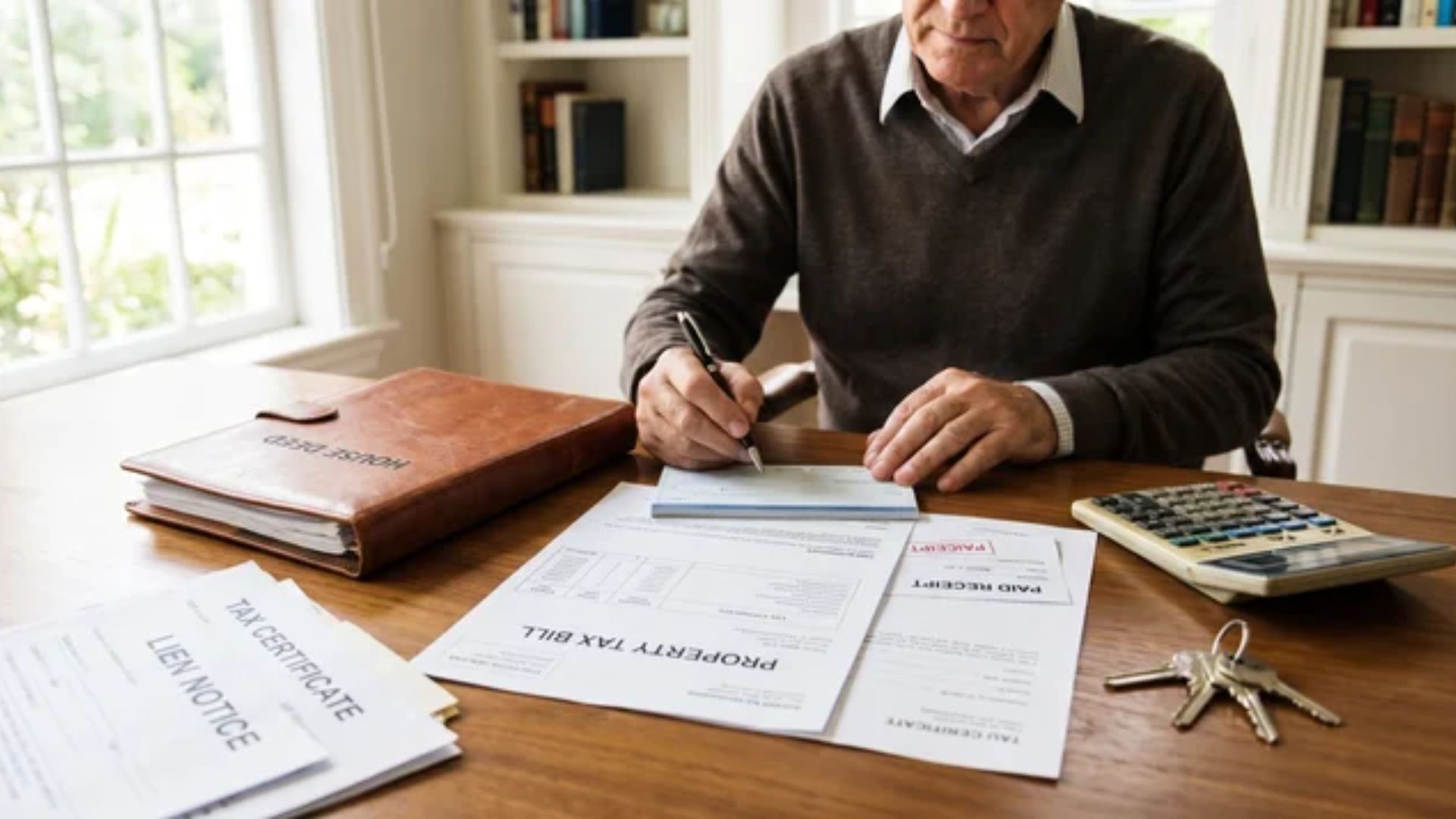 Homeowner reviewing property tax receipts and documents after paying another person's property taxes.