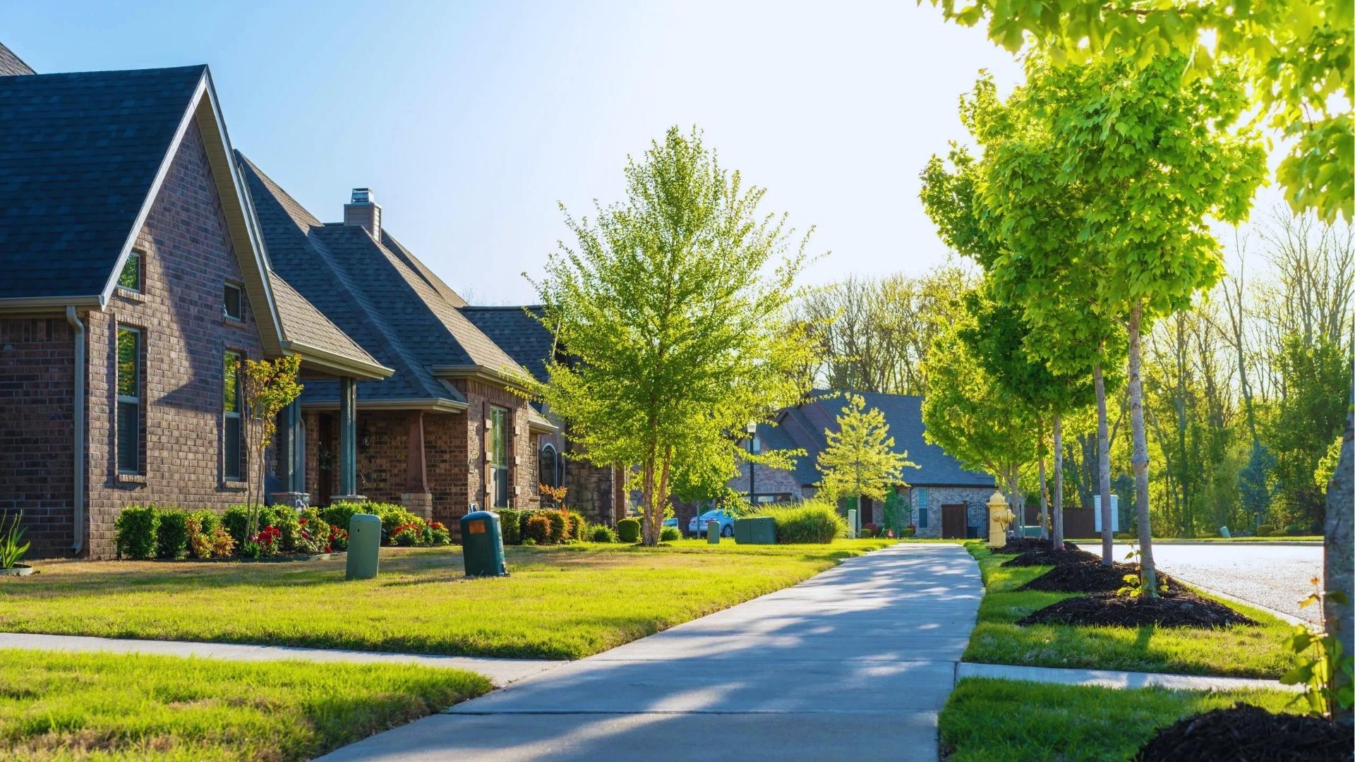 Brick suburban homes with young trees and yellow fire hydrant line sunlit street, with green utility boxes on lawns.