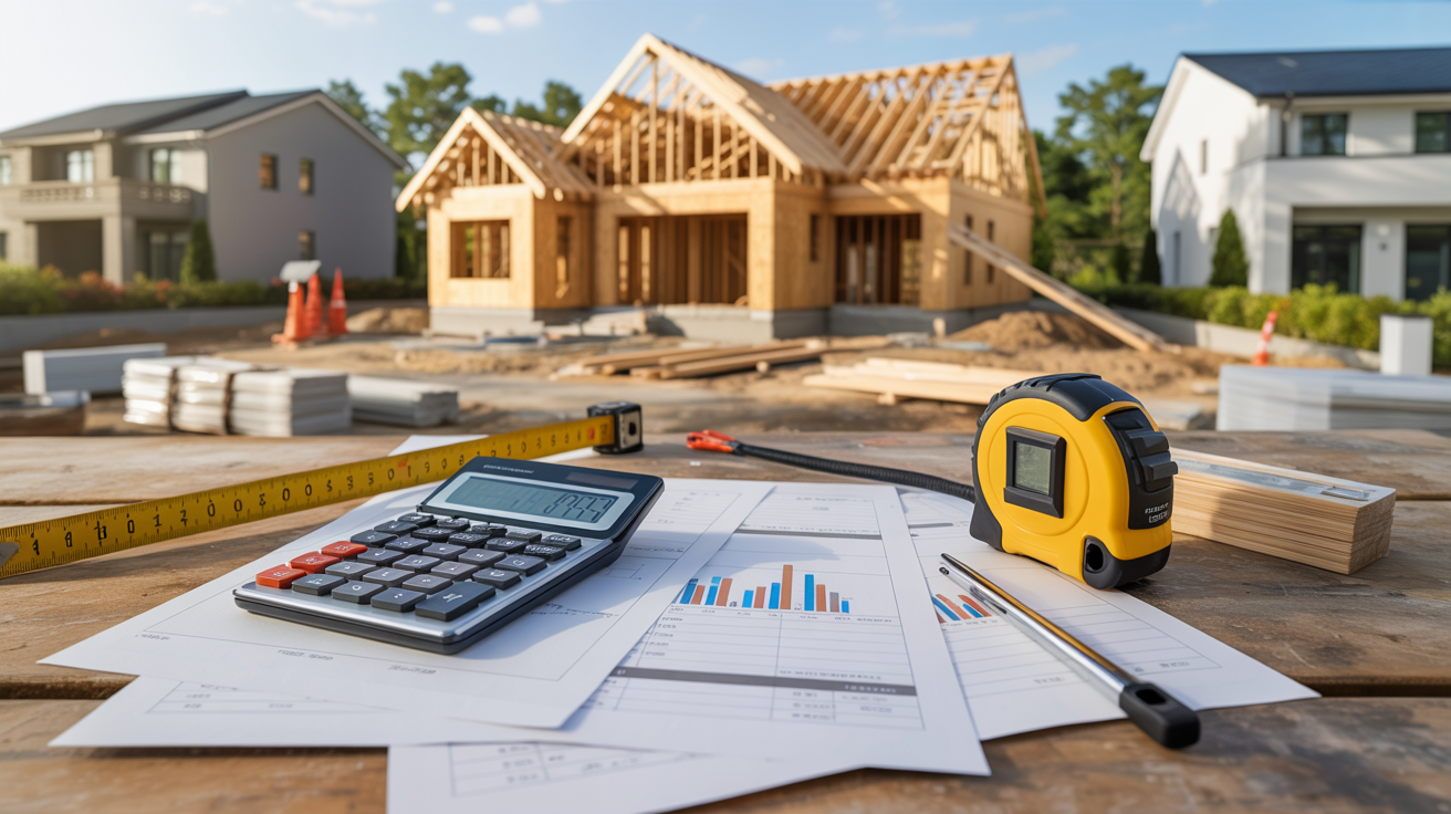 House under construction with budget documents illustrating building costs on owned land.
