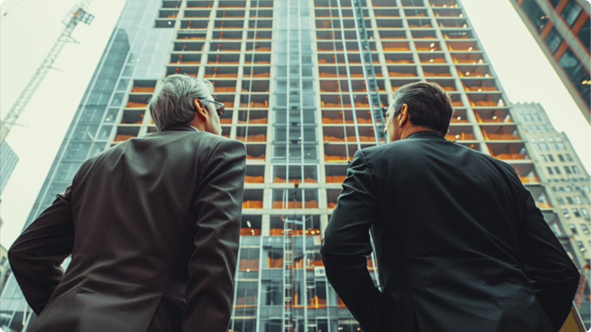 Two professionals in suits looking up at a high-rise building under construction.