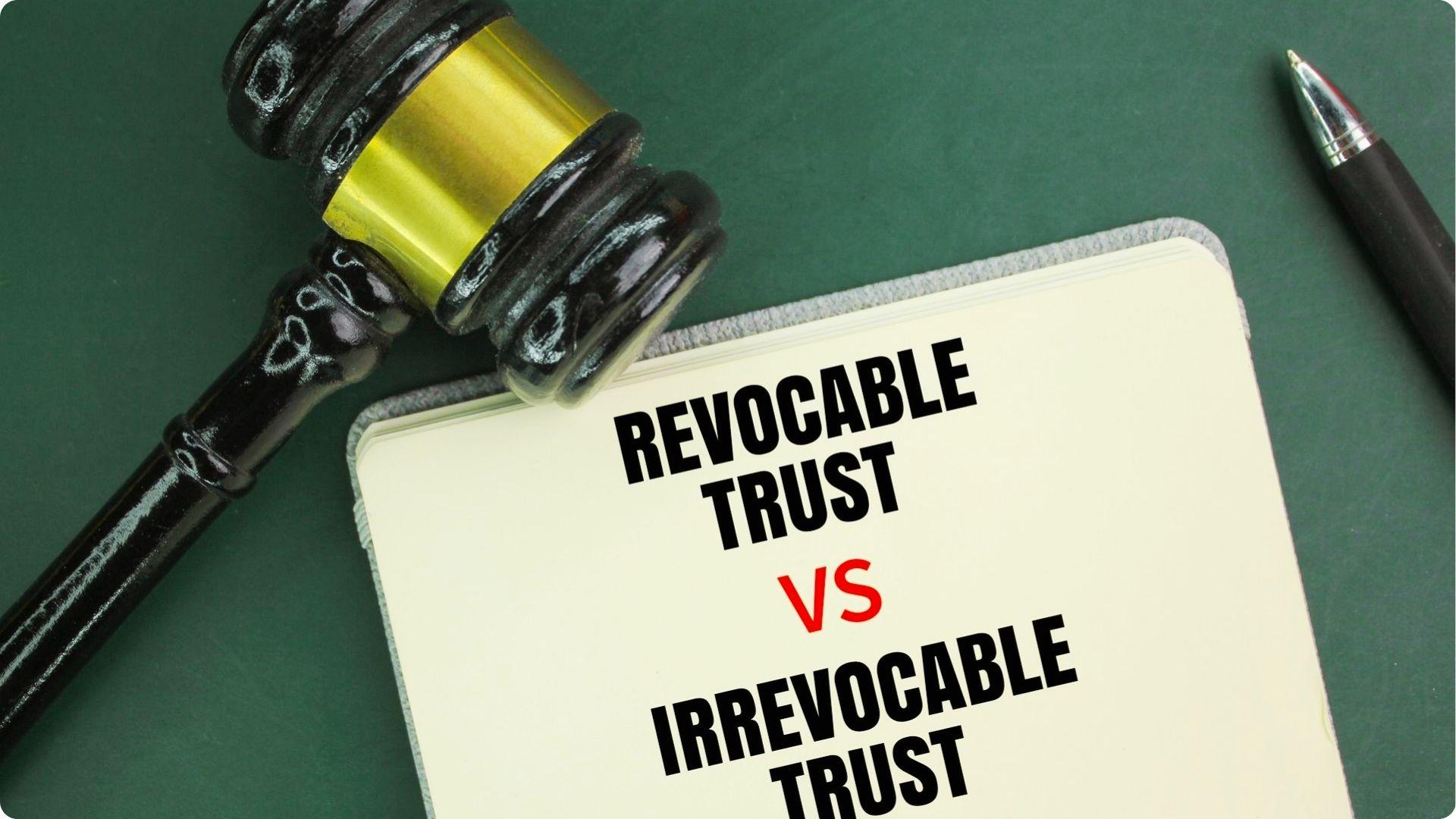 A gavel rests beside a notepad comparing two types of trusts on a green background.