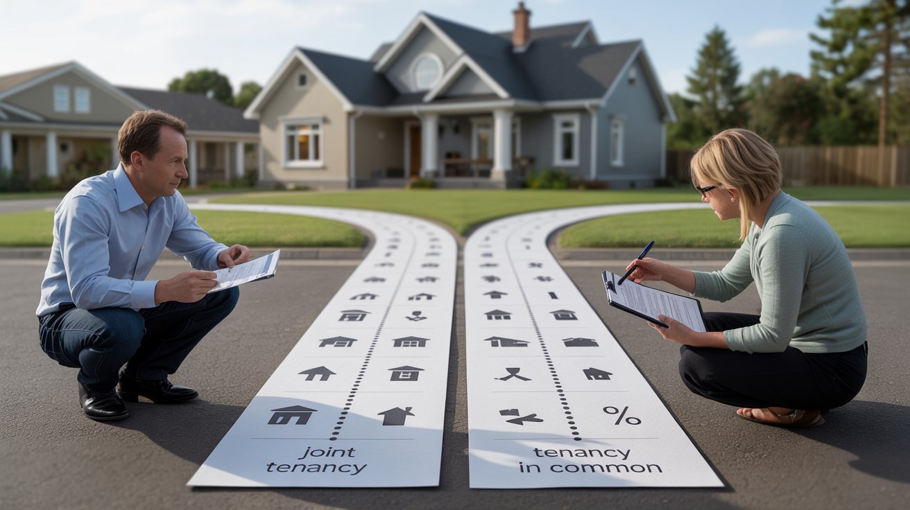 Joint tenants vs tenants in common comparison showing different property ownership and inheritance structures.