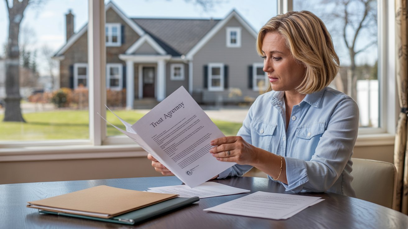 Homeowner reviewing trust documents and property paperwork before transferring a house into a trust.