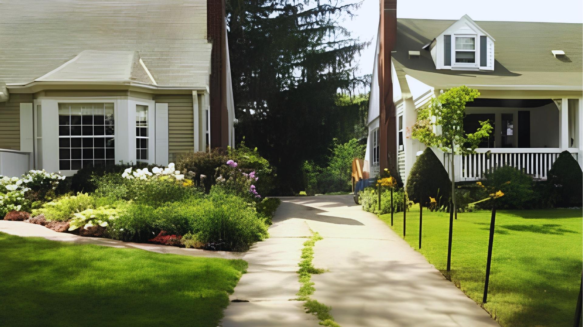 Concrete driveway between two neighboring homes with bay windows and green lawns leads to backyard, typical shared driveway easement.